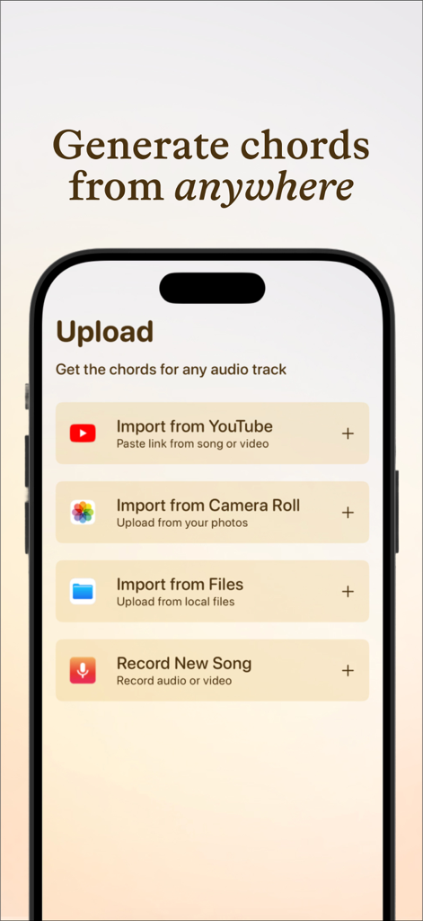 Pantalla de carga de la aplicación Strum que muestra opciones para generar acordes de guitarra a partir de videos de YouTube y archivos de audio.