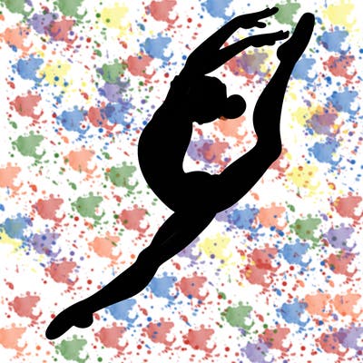 gymnast doing a leap in a leotard with a bent back leg