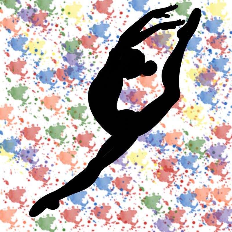 gymnast doing a leap in a leotard with a bent back leg
