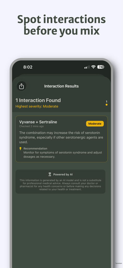 Pillr: ADHD Medication Tracker - Screenshot of the Pillr app showing an AI powered medication interaction warning for Vyvanse and Sertraline.