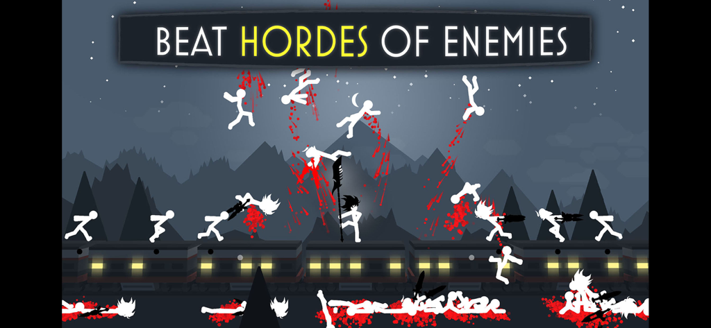 Stickman warrior fighting multiple waves of enemies on top of a moving train.