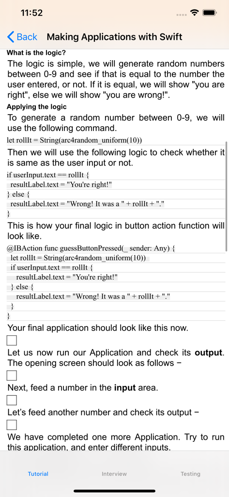 Captura de pantalla de un tutorial de programación en Swift que explica la lógica de la aplicación y fragmentos de código para el desarrollo de iOS