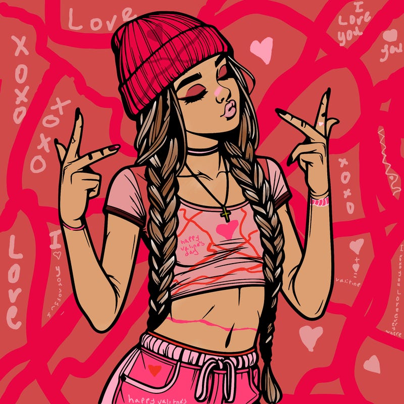 realistic teenage girl with braids and a beanie and crop top doing 🫶🏼