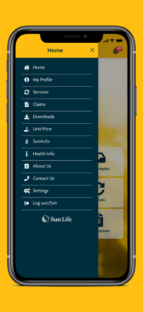 Sidebar navigation menu of the SunAccess Malaysia insurance app showing various user services and account options