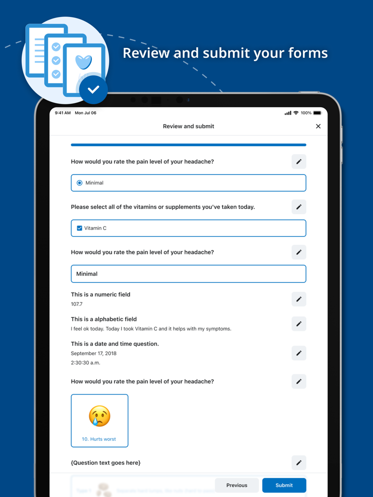 Medidata Platform - 메디데이터 플랫폼 iPad 화면이 임상시험 환자 양식의 검토 및 제출 인터페이스를 보여줍니다.