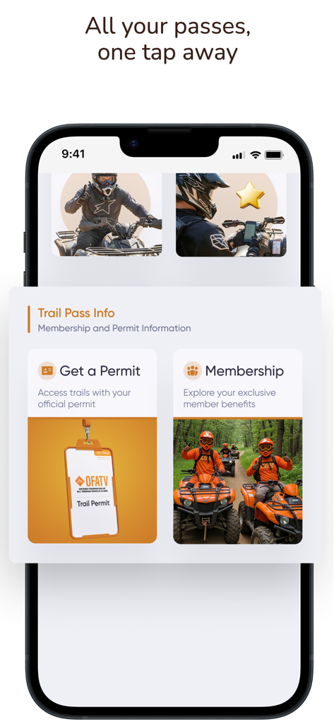 QuadON app interface showing options to get an official trail permit and explore membership benefits.