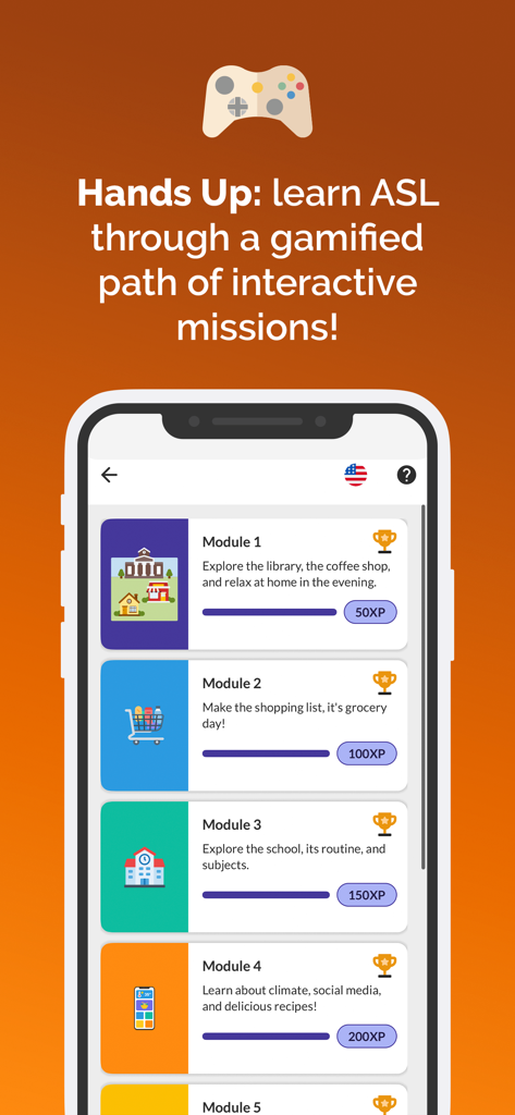 A mobile phone screen displaying a gamified ASL learning path with interactive modules and progress bars