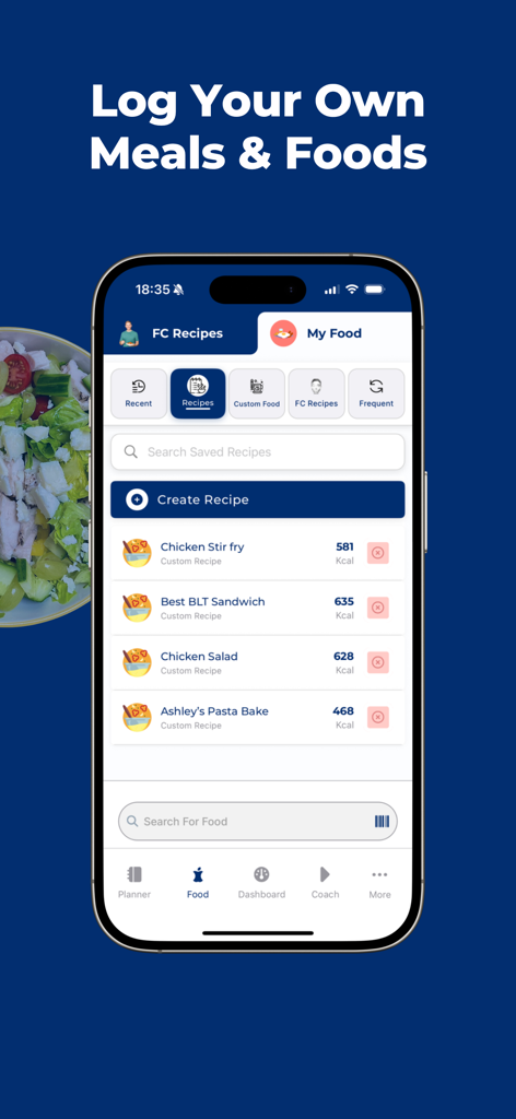 The Fitness Chef - Mobile app interface of The Fitness Chef showing a list of saved custom recipes and meal logging options.