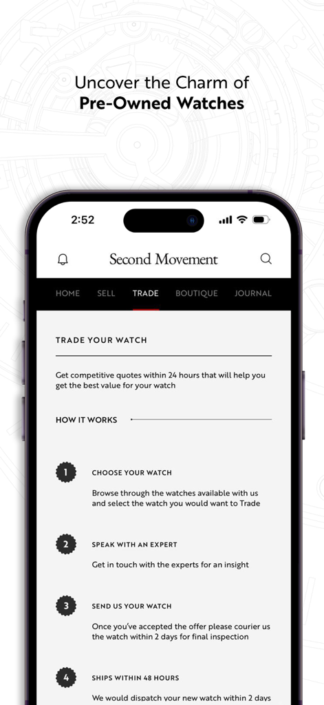 Ethos Watches - A mobile app interface from Ethos Watches showing a four step guide on how to trade pre owned luxury watches.
