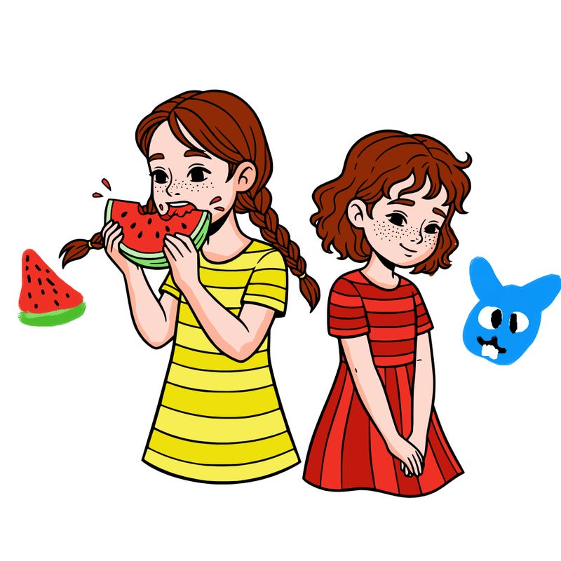 two ten year old sisters. one eating a watermelon and the other other sister blushing  in a shy way