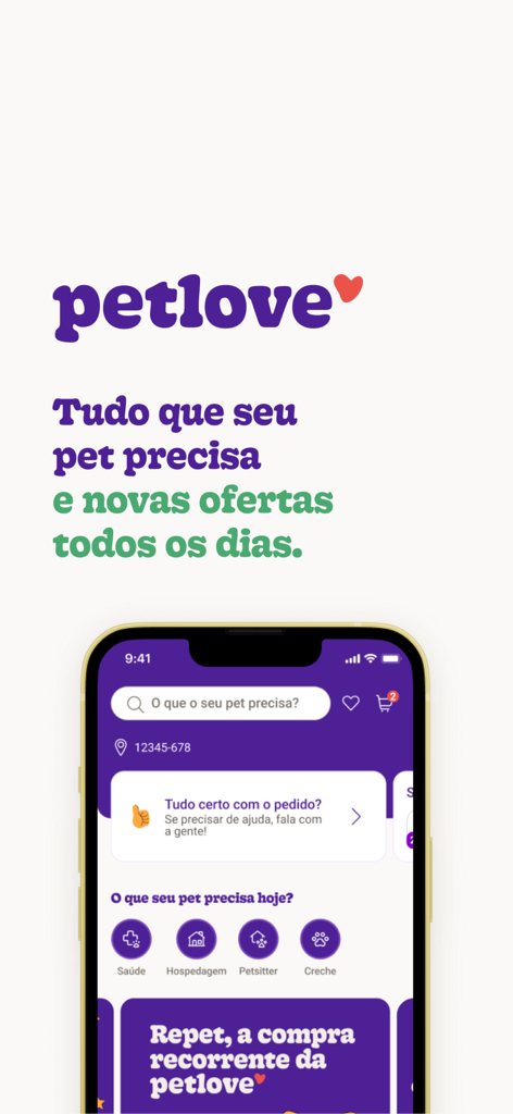 Petlove: petshop e saúde pet - Petlove-App-Startbildschirm mit verschiedenen Diensten für Haustiergesundheit und Shopping