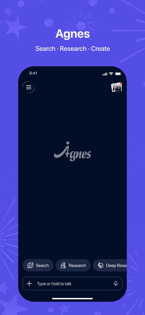Agnes — Your AI for Life - Pantalla principal de la aplicación social Agnes AI mostrando opciones de búsqueda, investigación y creación de contenido.