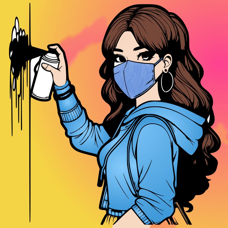 realistic girl with mask spray painting a wall