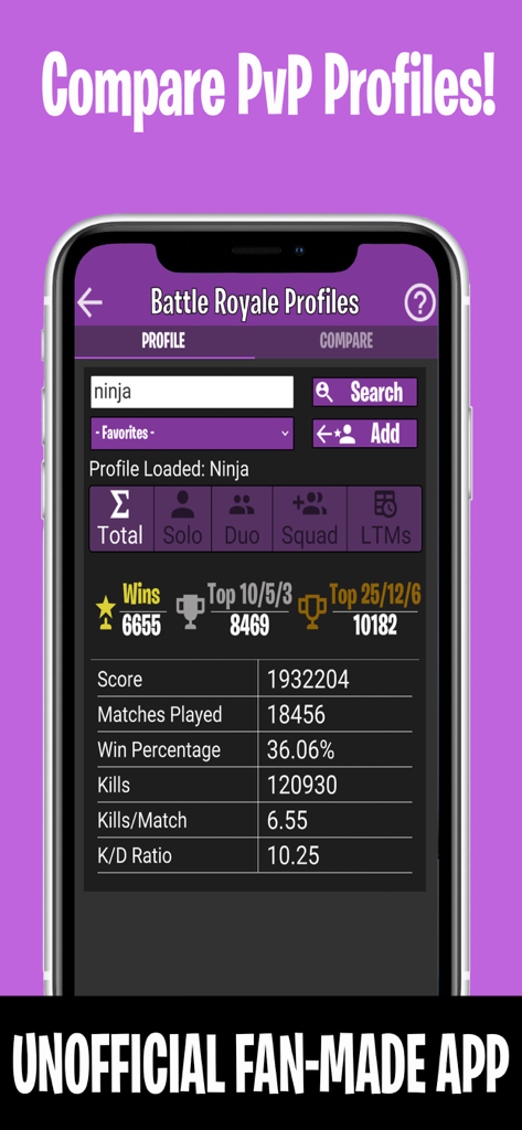 Companion for Fortnite - Mobile screen of the Companion for Fortnite app showing Battle Royale player statistics and profile search results