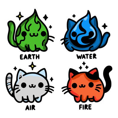 4 cats that represent the different elements, earth, water, air, and fire