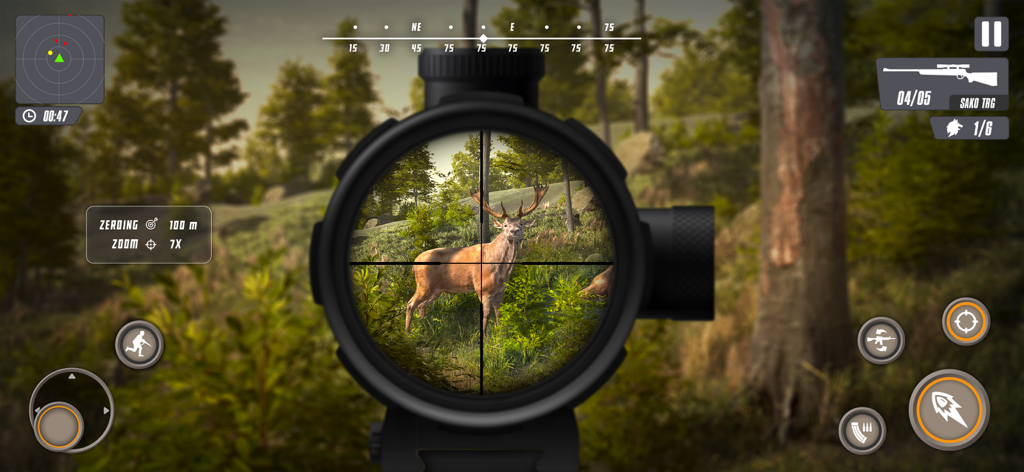 Vista en primera persona de un ciervo a través de la mira de un rifle en The Hunter Deer Hunting Games.