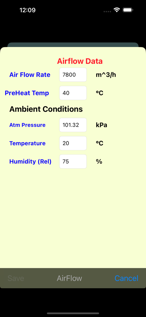 Eingabebildschirm für Luftstromrate und Umgebungsbedingungen in der Boiler Efficiency App