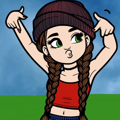 realistic teenage girl with braids and a beanie and crop top doing 🫶🏼