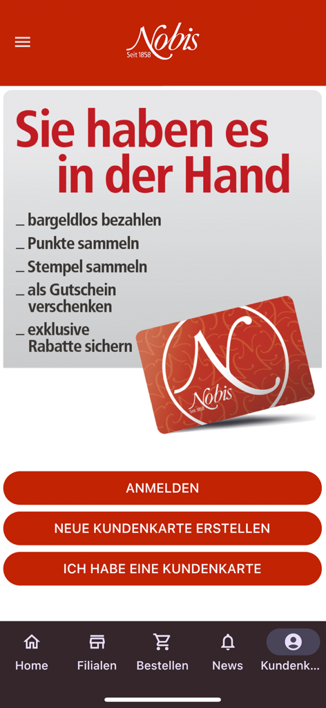 Nobis Printen - Nobis Printen app loyalty card screen with membership options