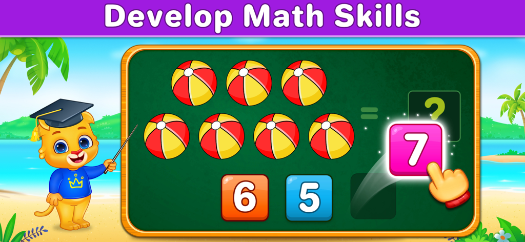 A cartoon lion teaching a child how to count seven beach balls on a chalkboard in the Math Kids educational app.