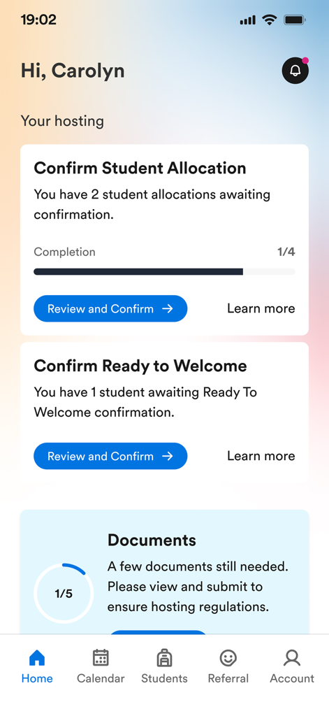 The home screen of the EF Homestay app showing student management and document requirements