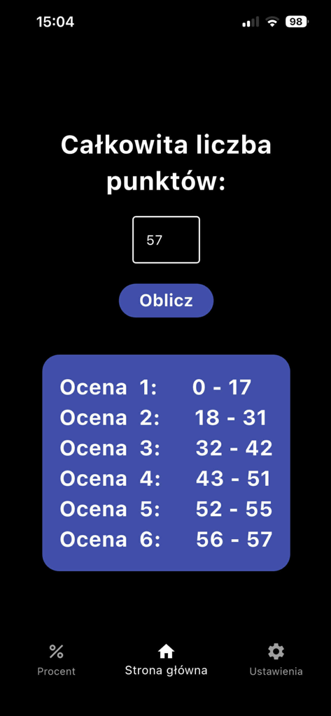 Kalkulator Ocen - Mobile app interface showing point ranges and thresholds for grades one through six