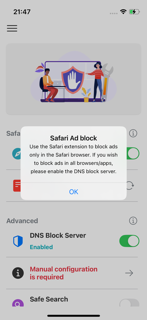 Ad Blocker Pro - Secure & Safe - Ad Blocker Pro app interface showing Safari ad block notification and enabled DNS block server setting