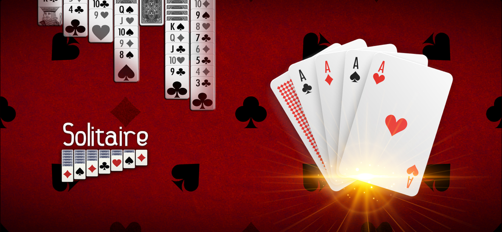 Classic solitaire game interface featuring a fanned set of four glowing aces on a red background