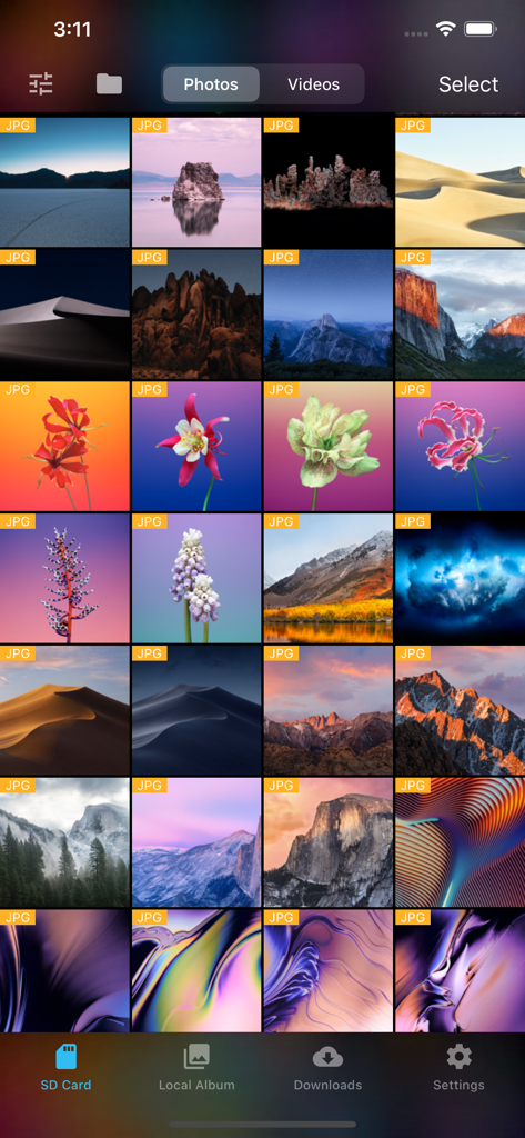 FAir for FlashAir app showing a grid of JPG photos stored on an SD card