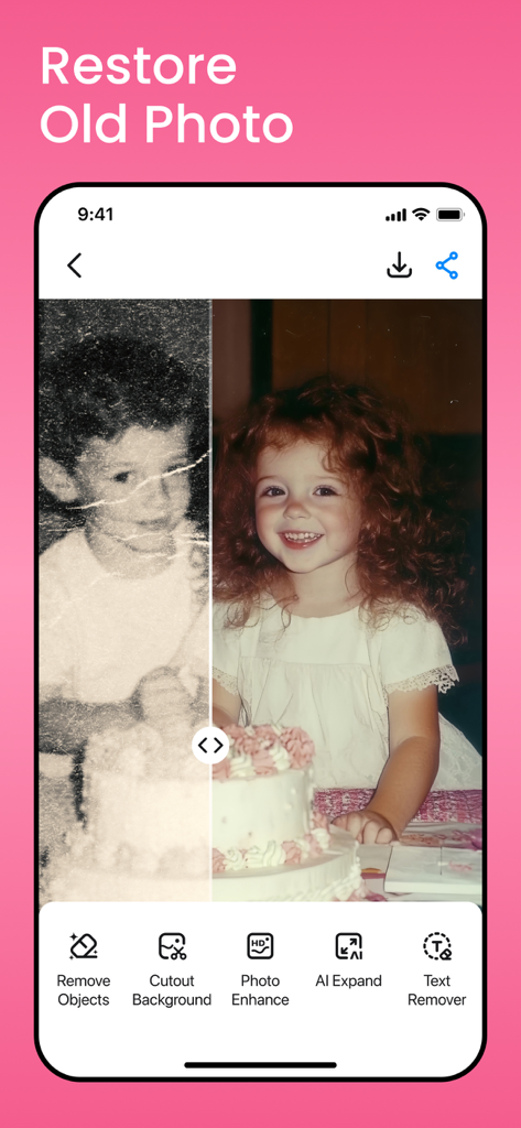 Before and after comparison of an old photo restored with AI technology