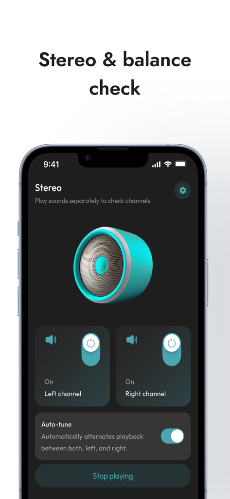 Ultrasonic Speaker Cleaner - Ultrasonic Speaker Cleaner app interface showing stereo and balance check options