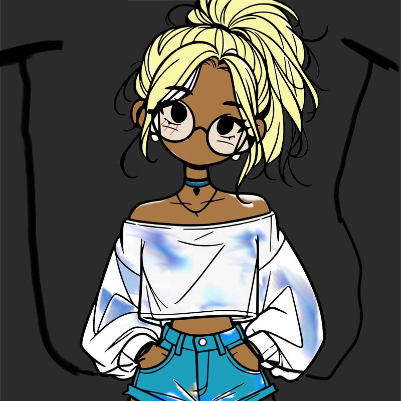 girl with a messy ponytail glasses a baggy crop top and jean shorts