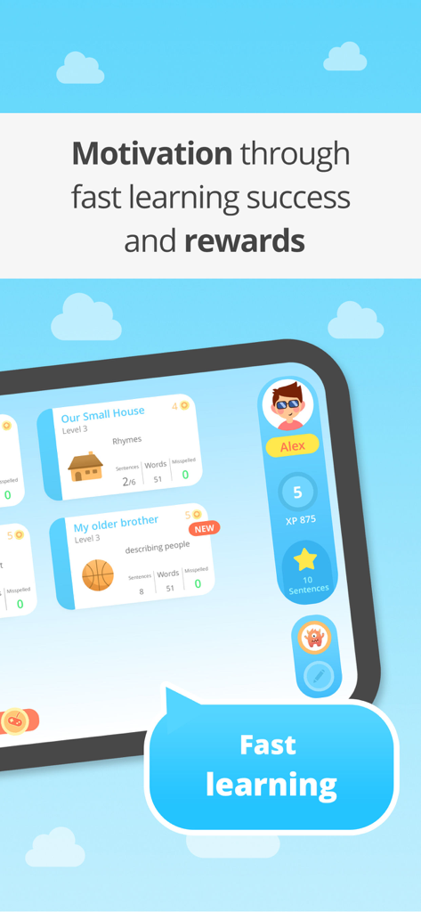 Dashboard dell'app di ortografia EASY peasy che mostra i progressi e le ricompense dei bambini