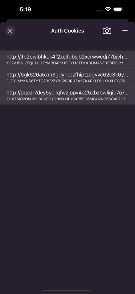 Screenshot of the Orbot app interface showing a list of authentication cookies for onion websites