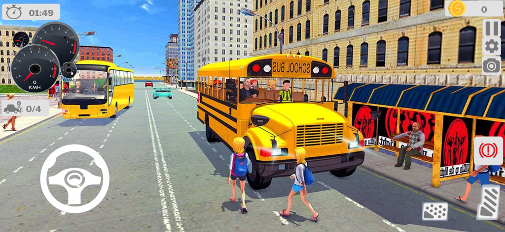 City School Bus Game 2024 - Gameplay of a yellow school bus picking up students in a city simulation game