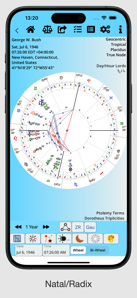 AstroConnexions for iPhone - AstroConnexions iPhone app displaying a detailed professional natal radix astrology chart