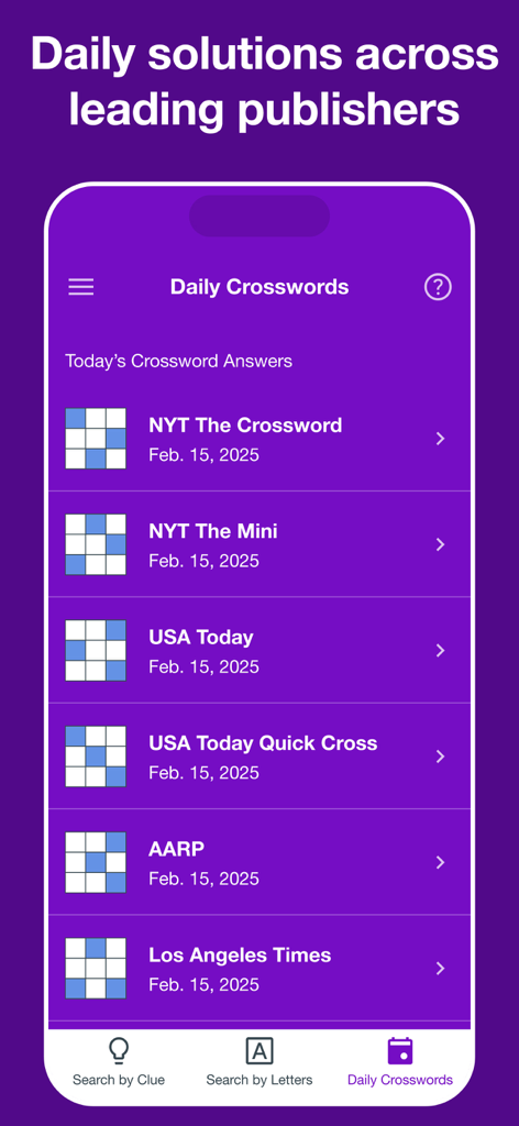 Crossword Solver Plus - Crossword Solver Plus app showing daily crossword solutions for NYT, USA Today, AARP, and Los Angeles Times puzzles.