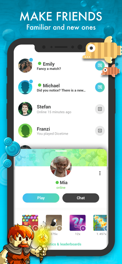 Interface of the elo app showing a list of friends and options to start a match or chat