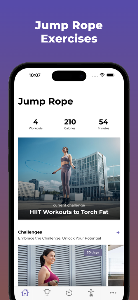 Mobile app home screen for the 30 Day Jump Rope Challenge showing HIIT workouts and daily fitness statistics