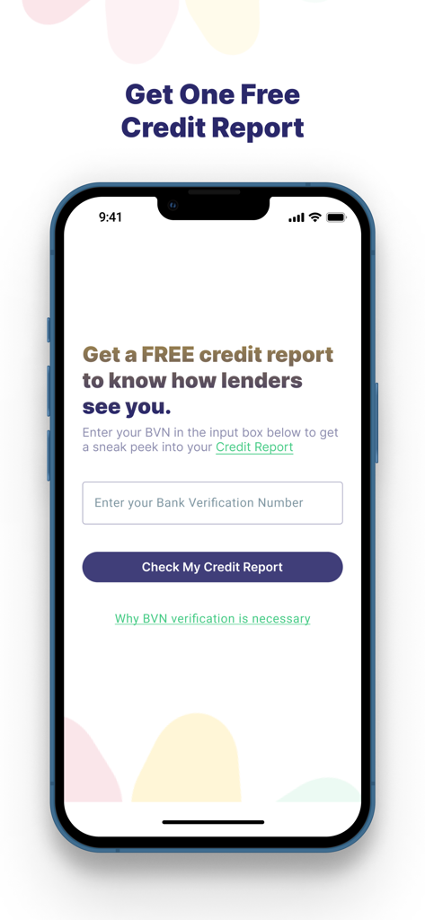 Pebblescore - PebbleScore mobile app screen showing the option to get a free credit report by entering a bank verification number