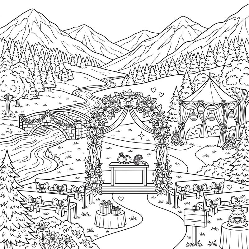 Immerse yourself in the beauty of a wedding day set against a stunning natural backdrop. This intricate coloring page captures the romance of an outdoor ceremony amidst majestic mountains and a flowing river.