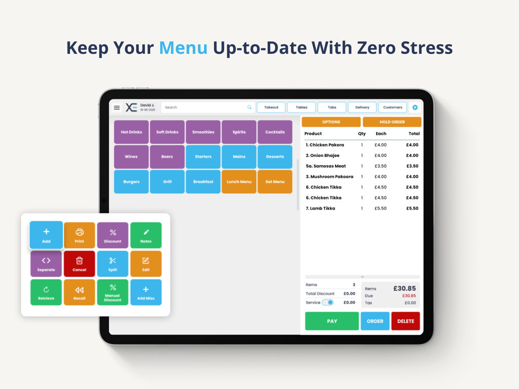 Interfaz de XEPOS Restaurant EPOS en iPad mostrando categorías de menú y recibo de pedido digital