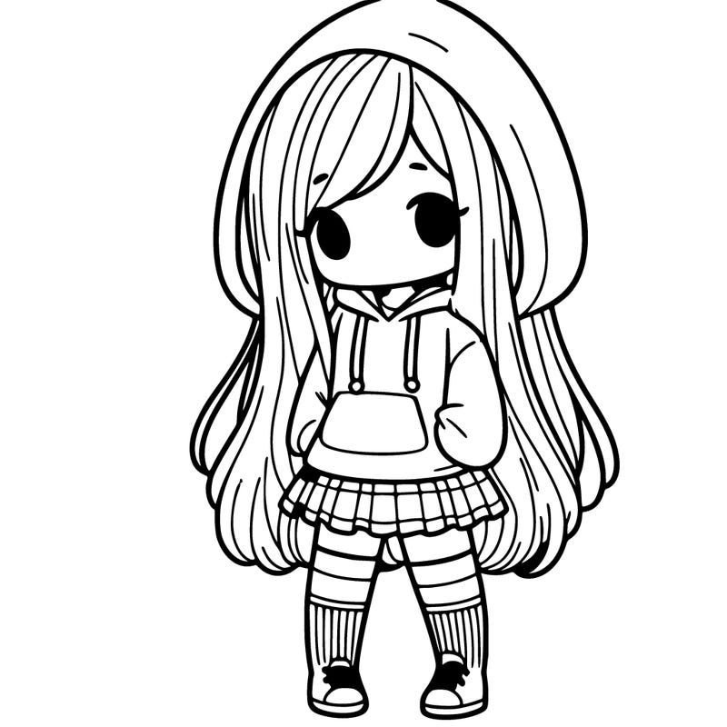 girl with long hair and wearing hoodie and skirt with socks