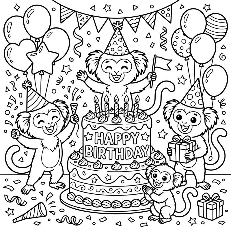 Dive into a joyous celebration with this charming marmoset birthday party coloring page, perfect for kids who love animals and festivities. Featuring cute characters, a big cake, and lots of party elements, it promises hours of creative fun.