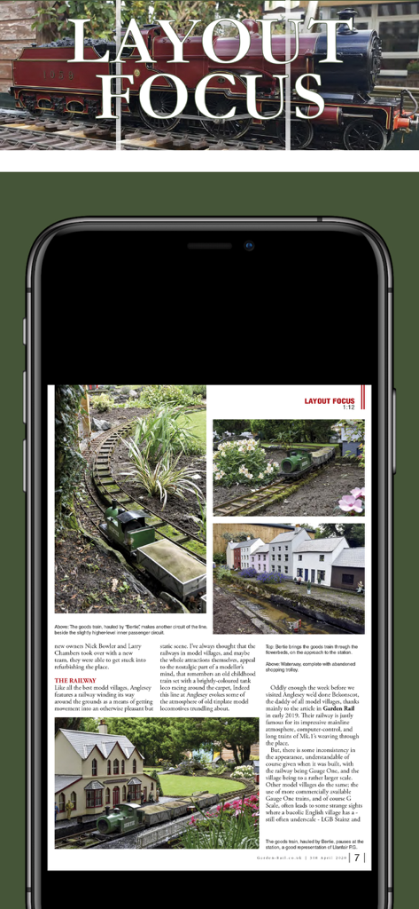 Smartphone screen displaying an article about outdoor model railway layout focus in the Garden Rail Magazine app