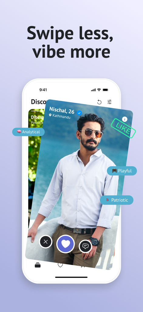Milyo - Nepali Dating App - Milyo Nepali dating app screen showing a profile card with personality tags and a swipe to like feature