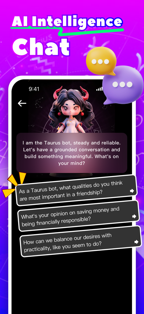 Studa app screenshot showing an AI chatbot themed as a Taurus character with constellation background