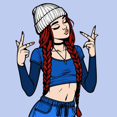 realistic teenage girl with braids and a beanie and crop top doing 🫶🏼