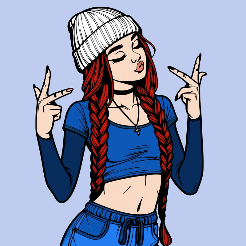 realistic teenage girl with braids and a beanie and crop top doing 🫶🏼