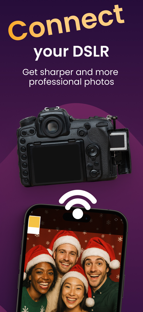 BoothLab: Photo & Video Booth - A DSLR camera wirelessly connecting to a smartphone running the BoothLab app for professional photo booth photography